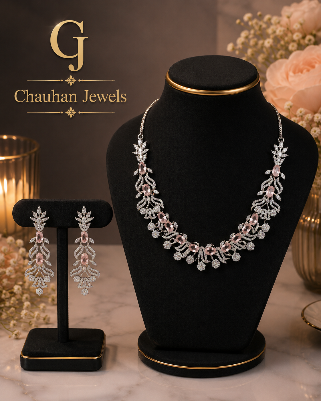 Luxury Blush Pink Crystal Necklace Set