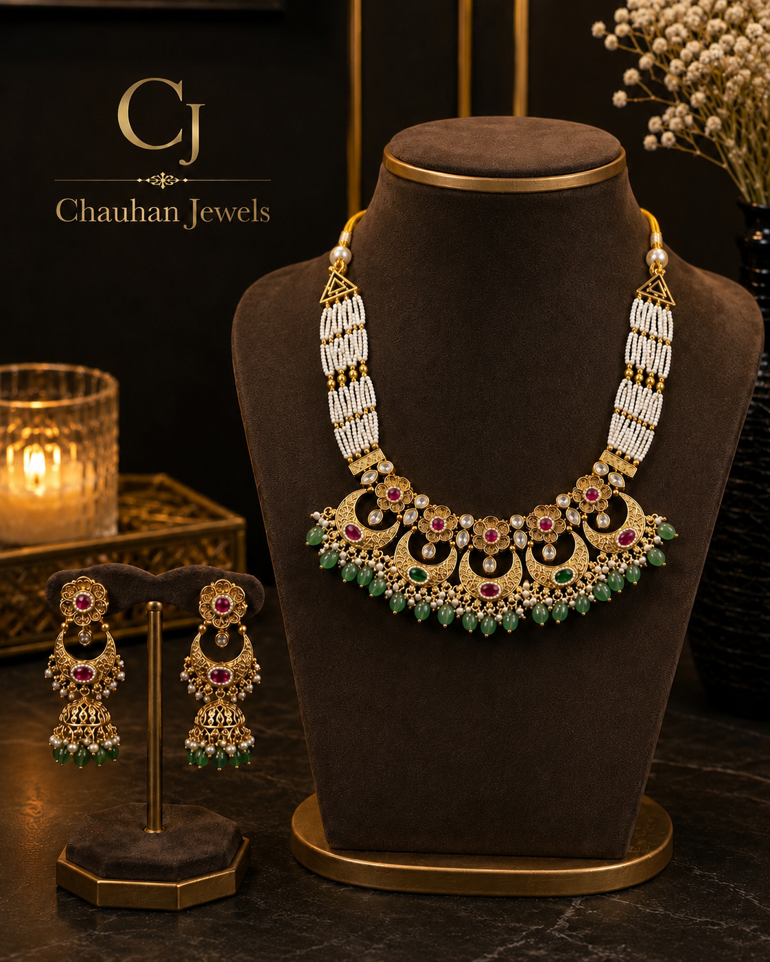 Royal Kundan & Pearl Necklace Set | Emerald Green & Ruby Stone