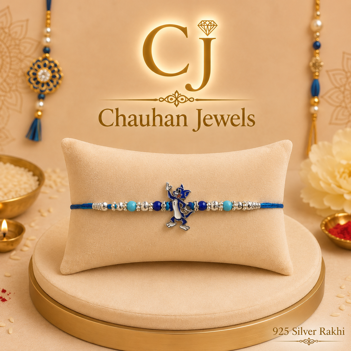 925 Silver Blue Character Rakhi – Premium Beaded Design