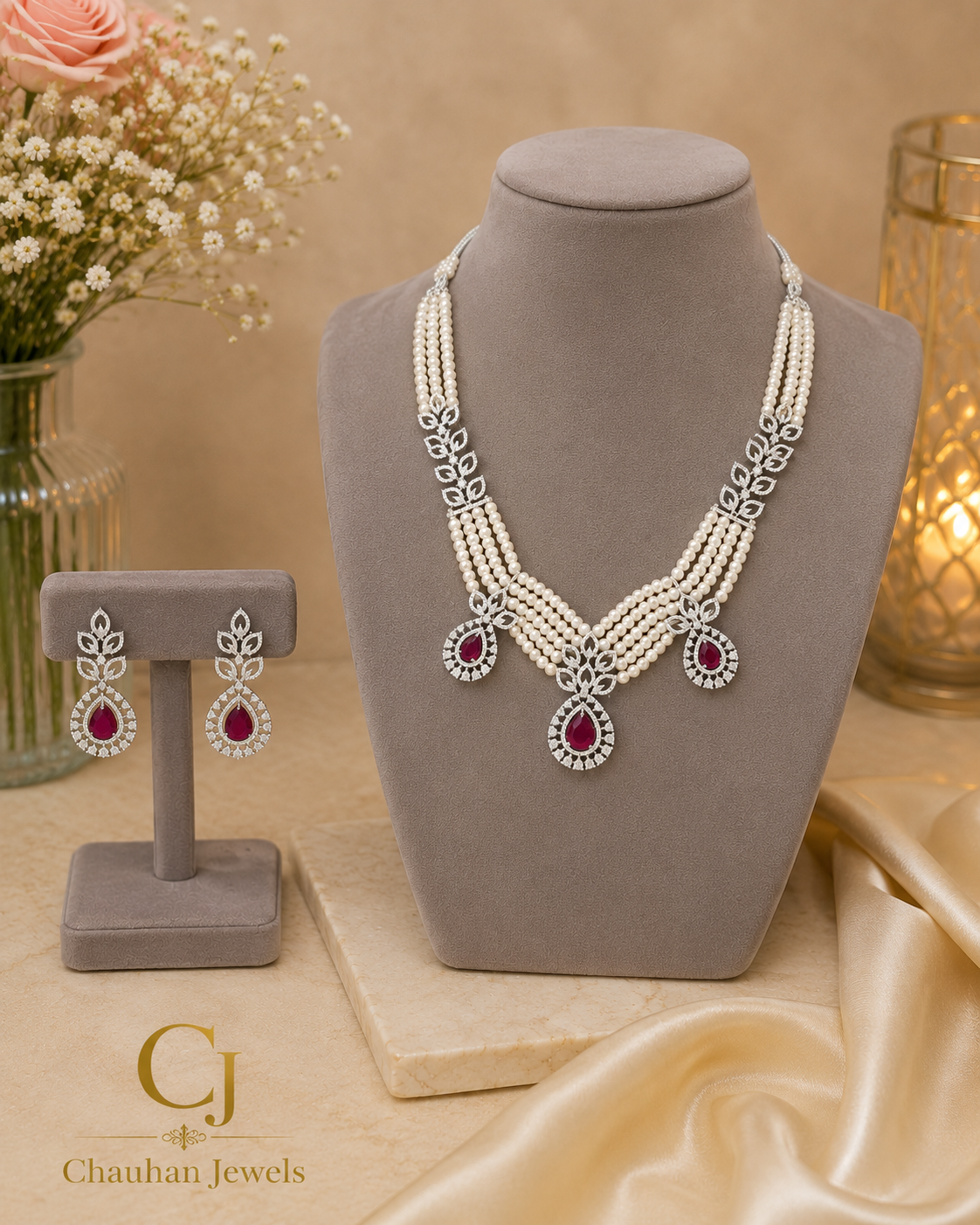 Ruby Teardrop Statement Necklace with Earrings