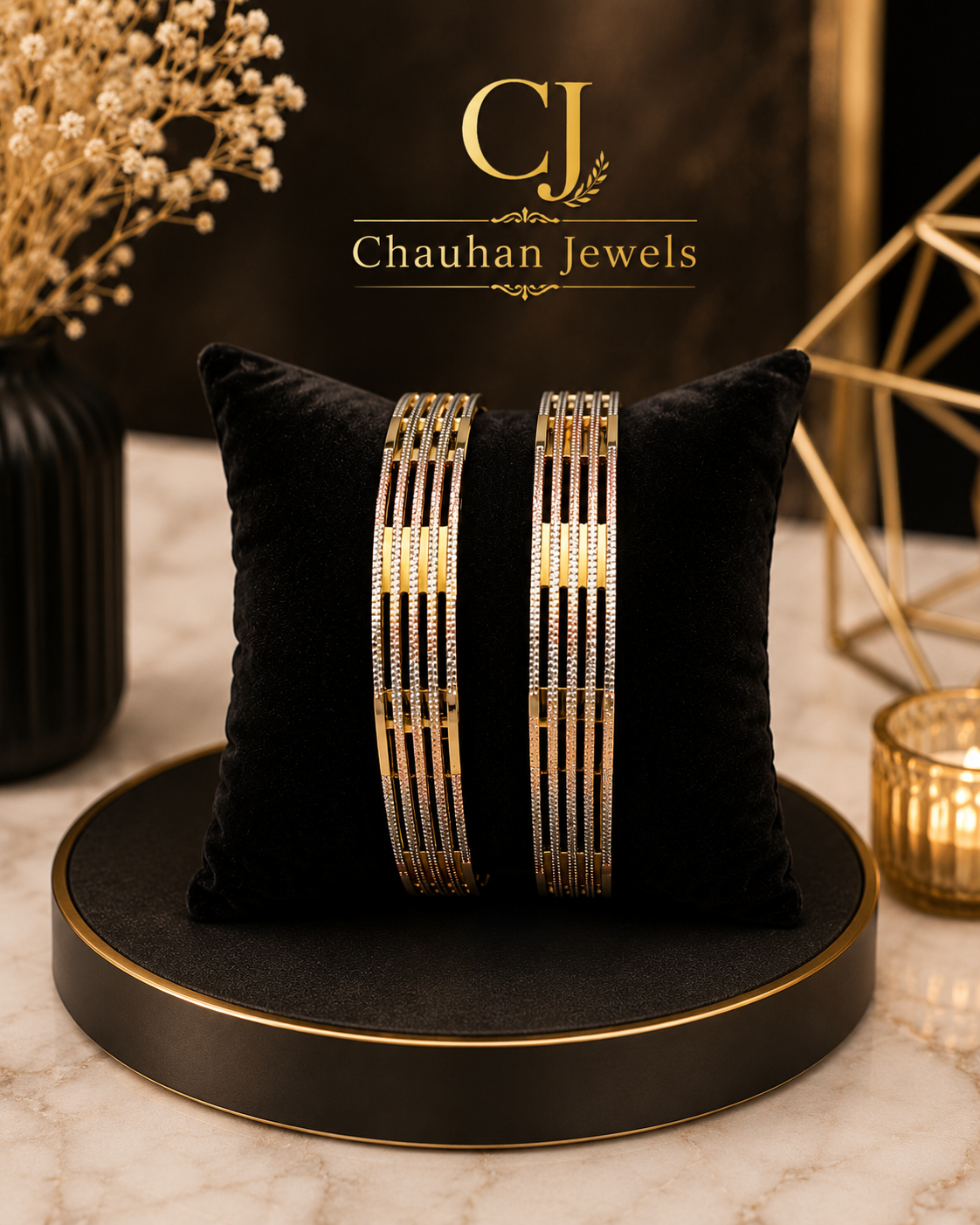 Luxury Dual-Tone Sparkle Bangles | Premium Gold-Plated Pair
