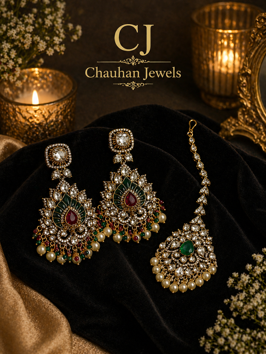 Premium Polki Kundan Tikka Set – Green & Ruby