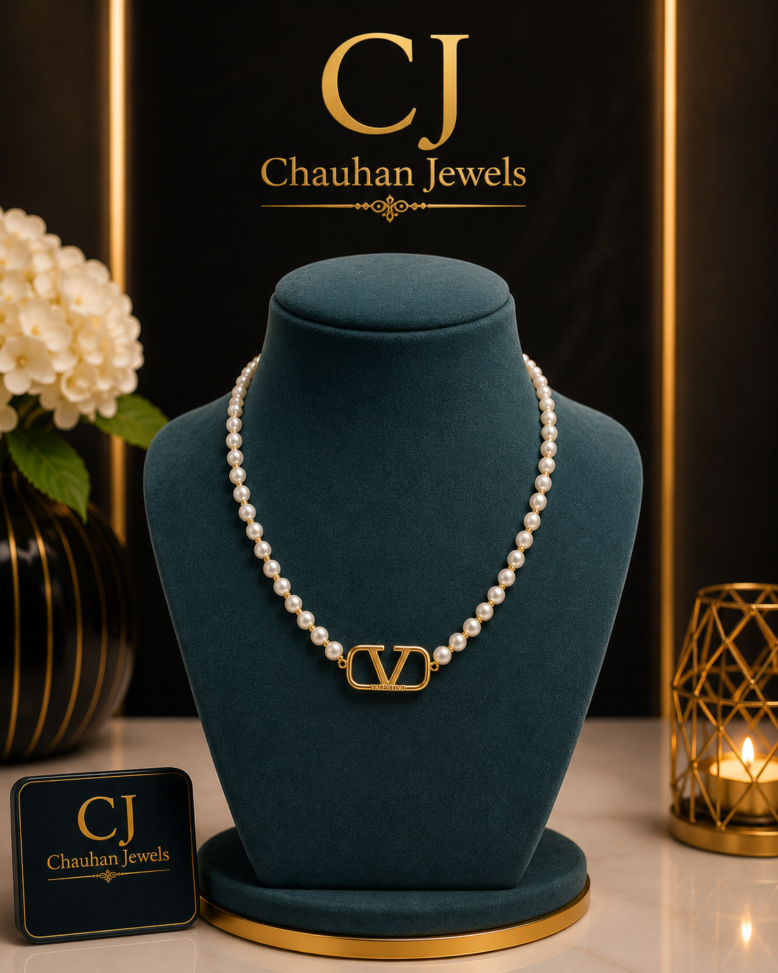 Luxury Pearl V Charm Necklace | Gold Plated
