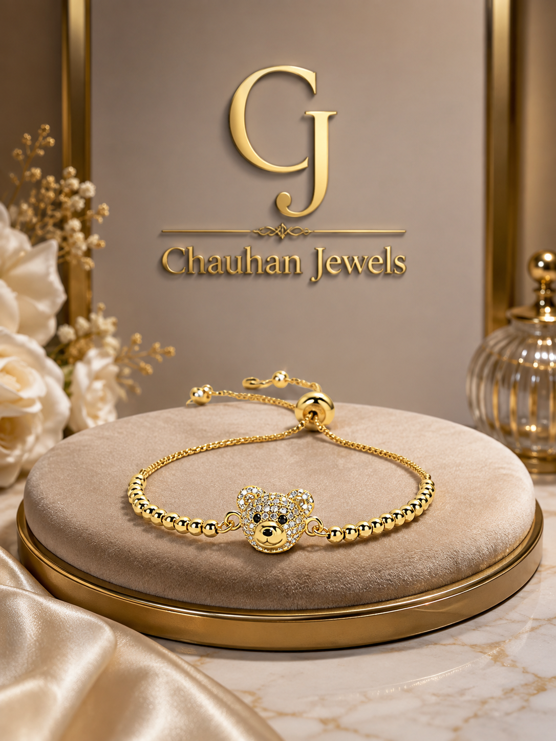 Sparkling Teddy Bear Adjustable Bracelet – Gold-Plated CZ Charm Bracelet