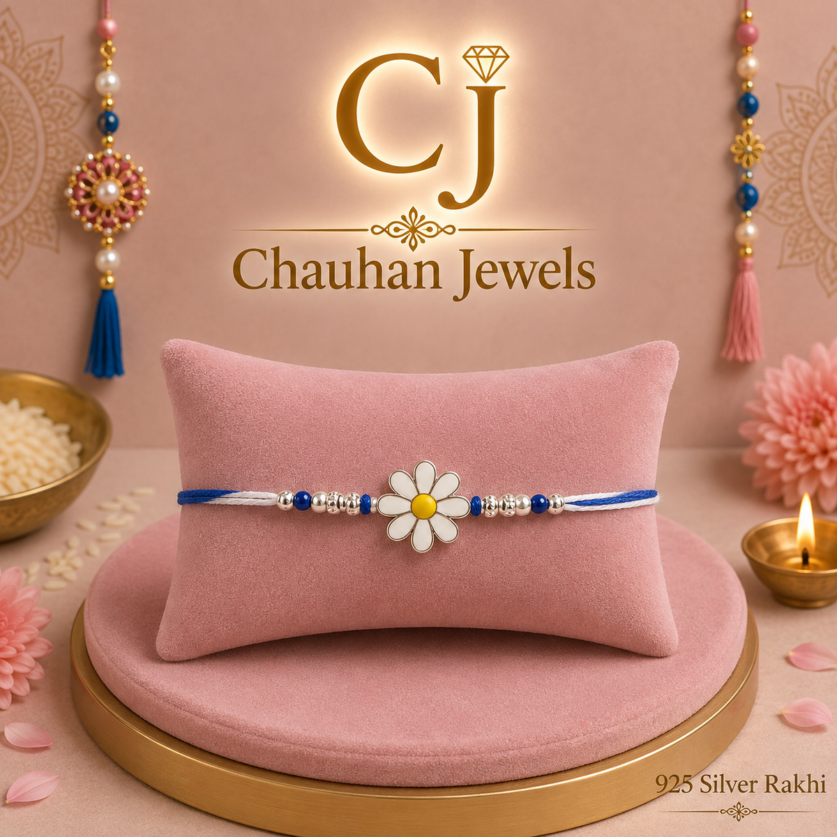 925 Silver Daisy Rakhi – Elegant Blue & White Floral Design🌼💙