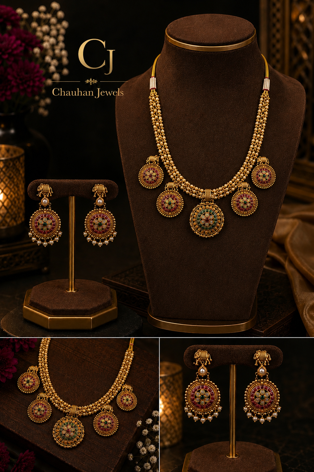 Elegant gold tone kundan necklace set with earrings