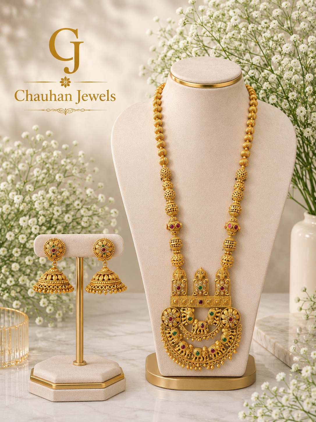 Traditional Temple Long Necklace Set | Antique Gold Lakshmi Pendant