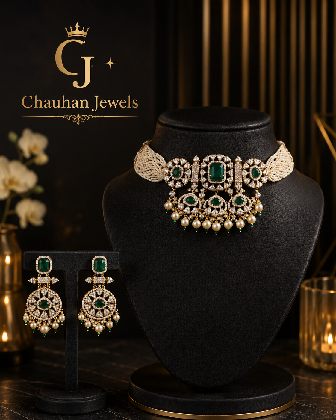 Emerald Kundan Choker Set with Earrings – Premium Bridal Jewelry