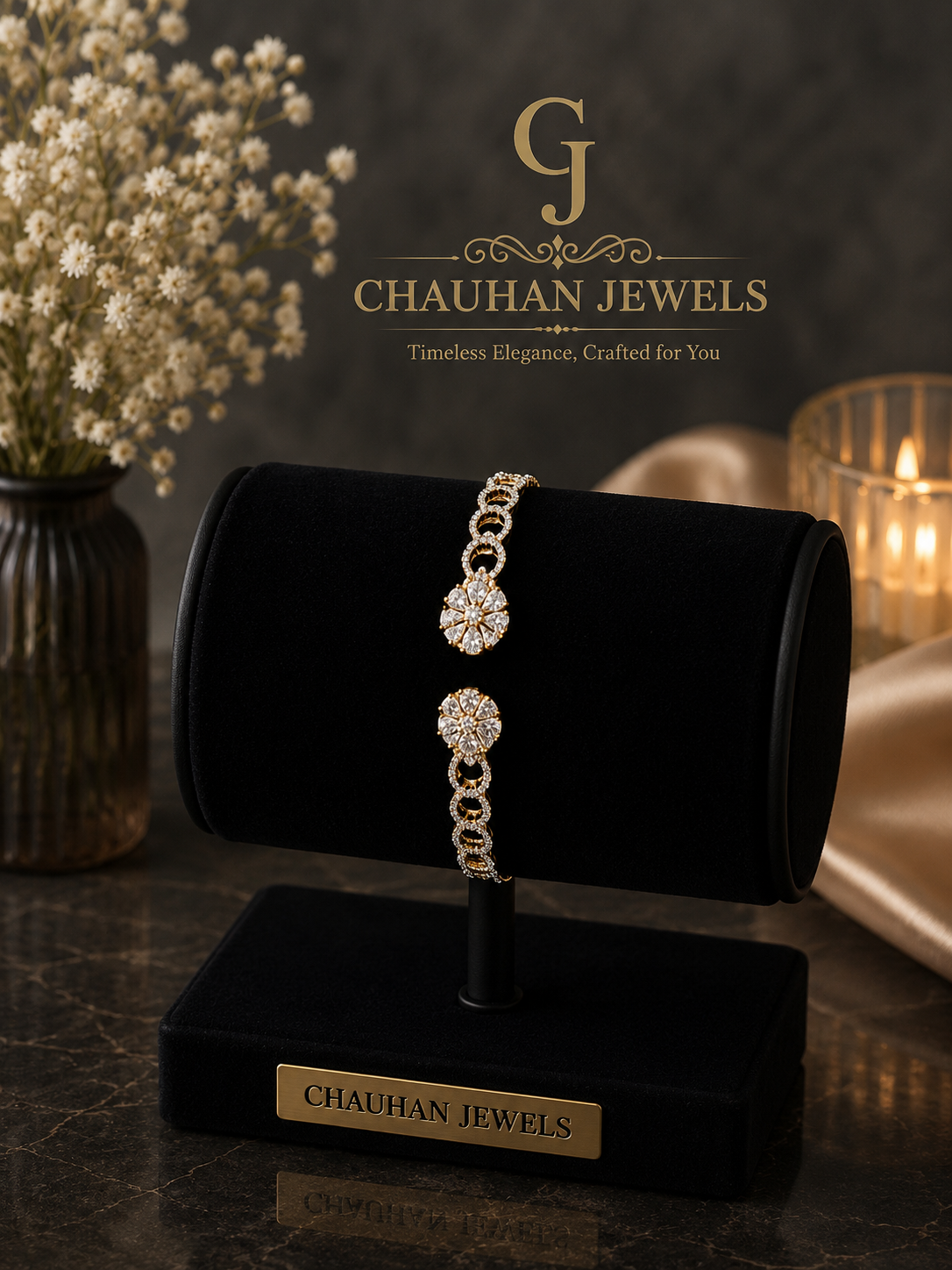 Luxury Floral Crystal Bracelet – Gold Finish