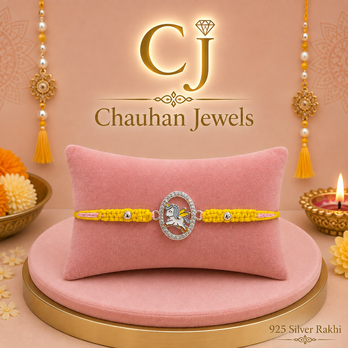 925 Silver Unicorn Rakhi – Magical Yellow & Pink Design🦄✨