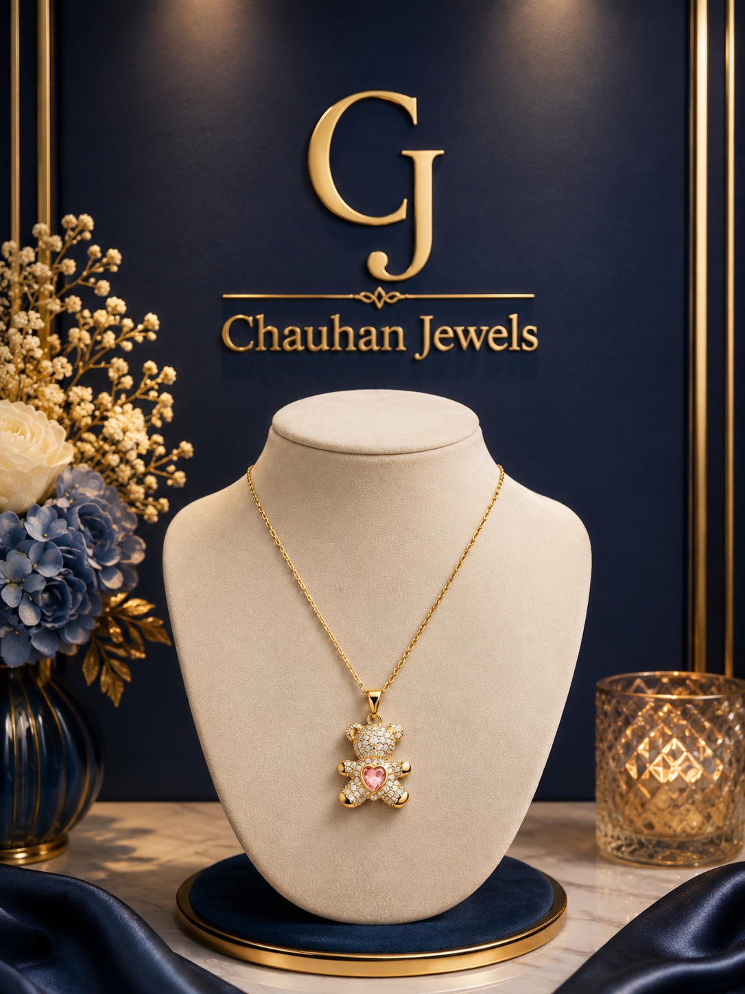Luxury Teddy Bear Pendant Necklace – Premium Gold-Plated CZ Statement Necklace for kids