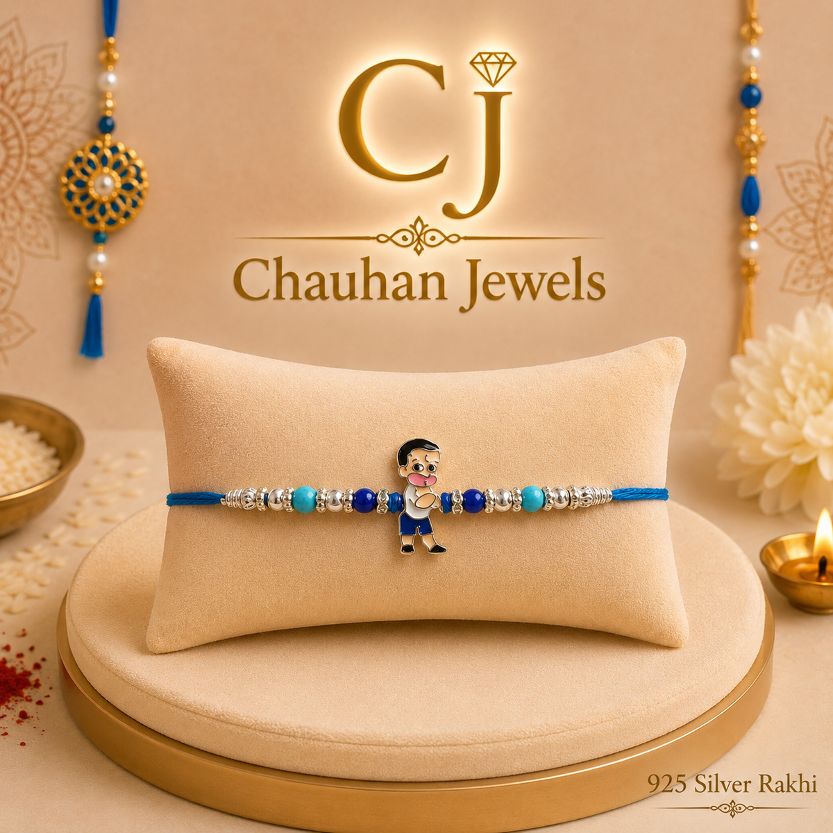 925 Silver Rakhi – Cute Brother Character with Blue Beads