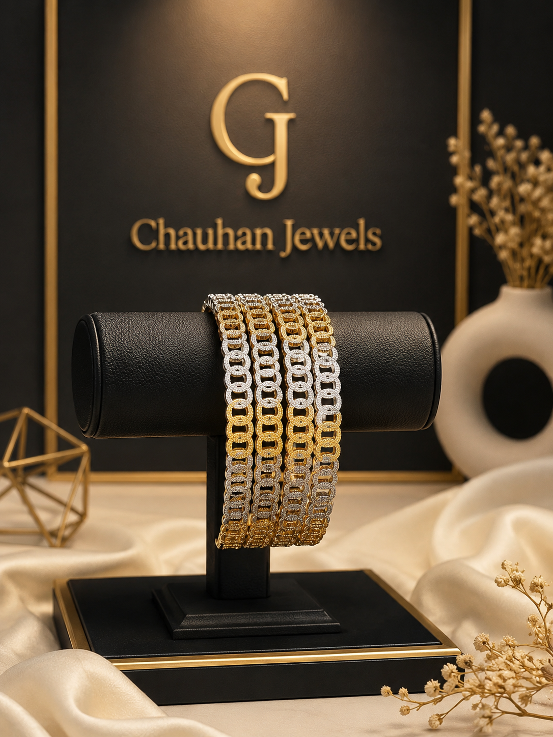 Luxury Dual-Tone Link Designer Bangles – Set of 4