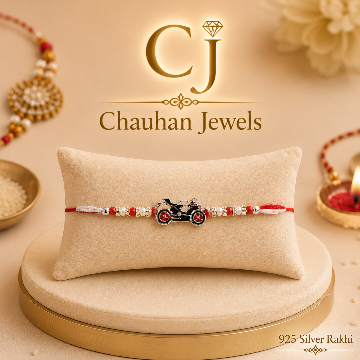 925 Silver Motorcycle Rakhi – Premium Red & White Beaded Design