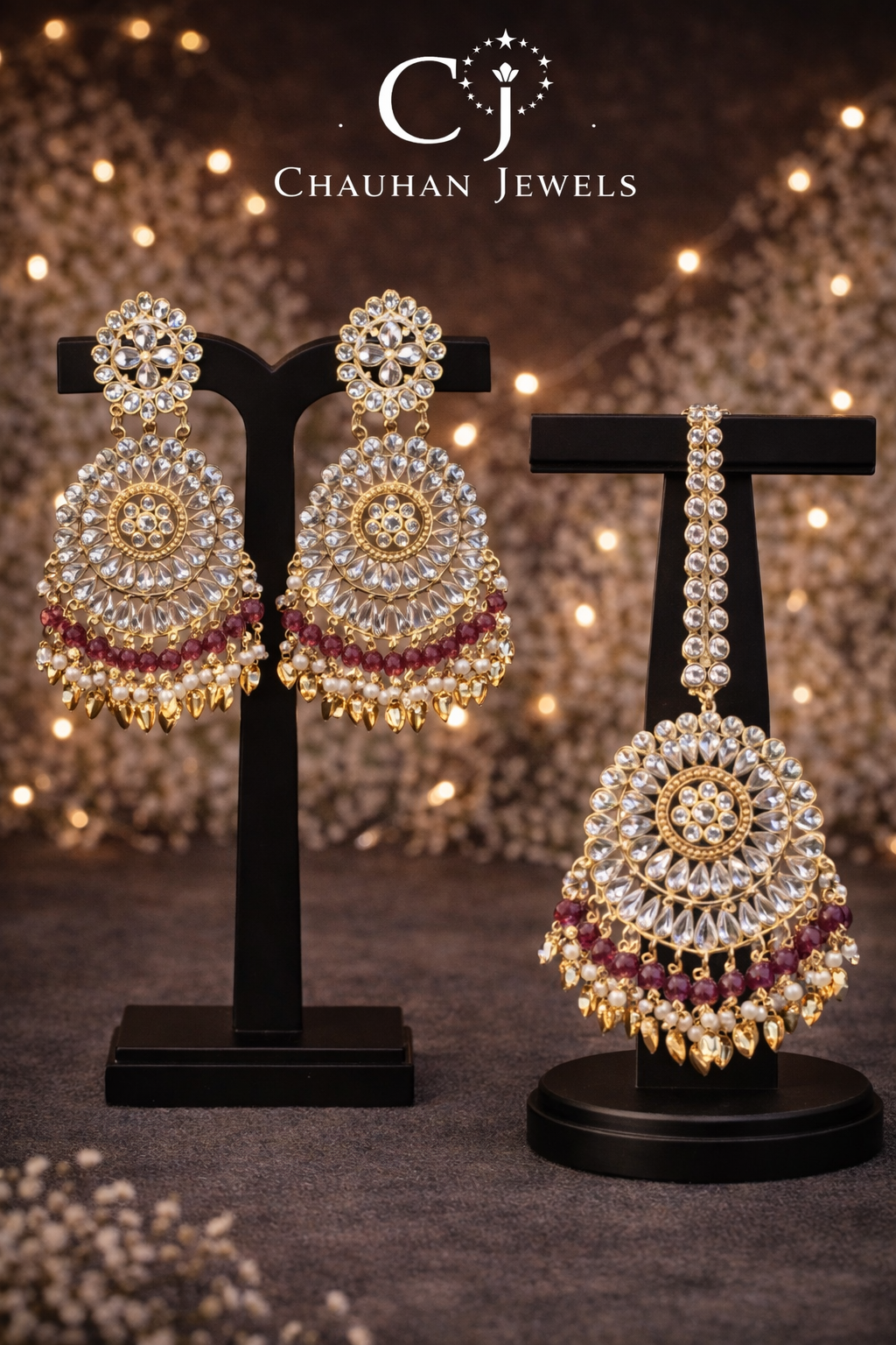 Royal Kundan Tikka Set with Earrings – Maroon & Pearl Finish
