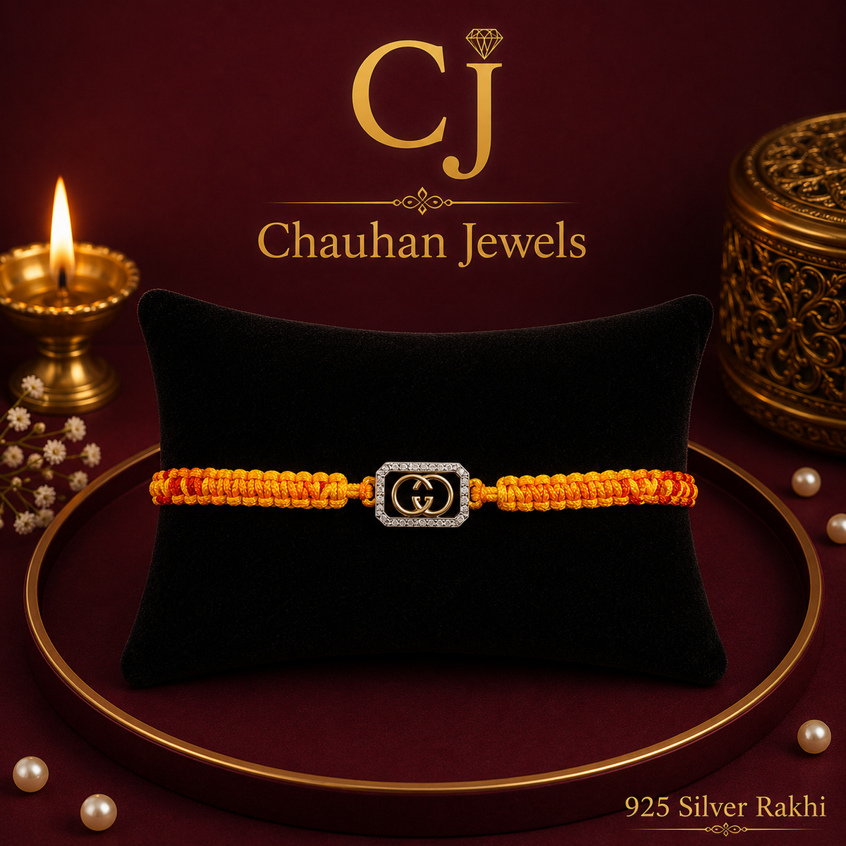 Premium 925 Silver Rakhi – Royal Yellow & Orange Thread Rakhi with Elegant Silver Centrepiece