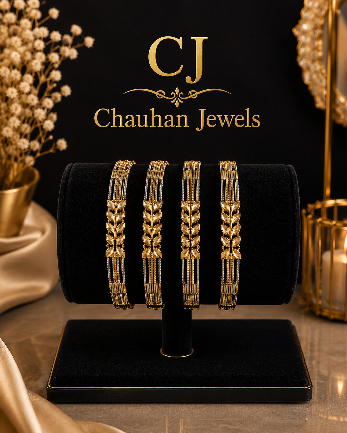 Leaf Motif Gold-Plated Designer Bangles | Premium CZ Stone Pair
