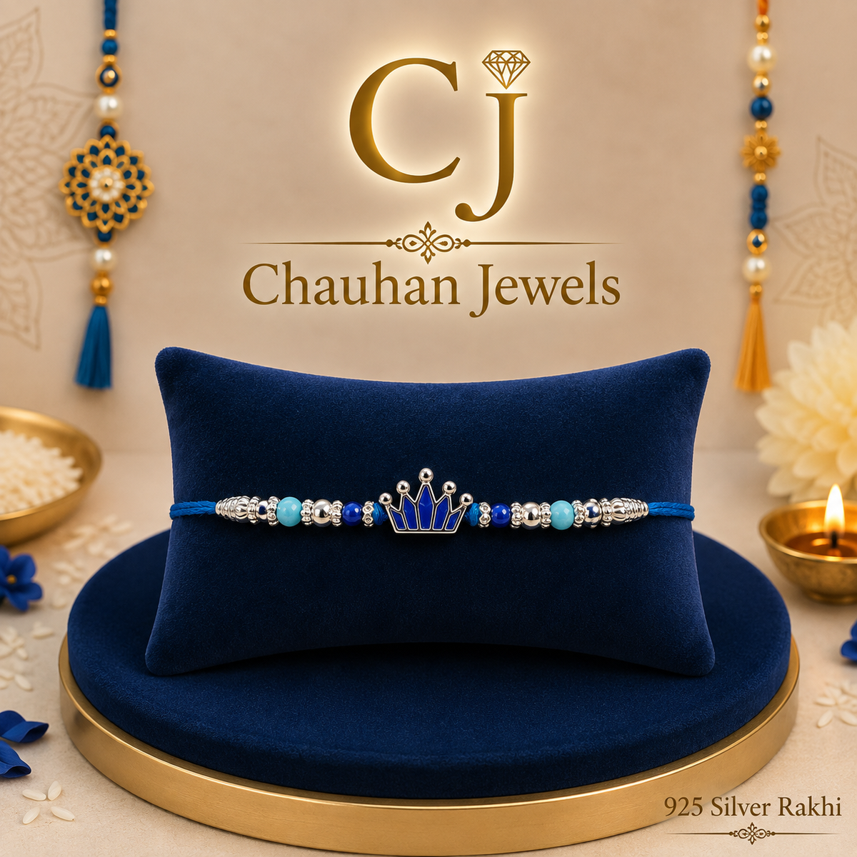 925 Silver Crown Rakhi – Royal Blue Beaded Design👑💙