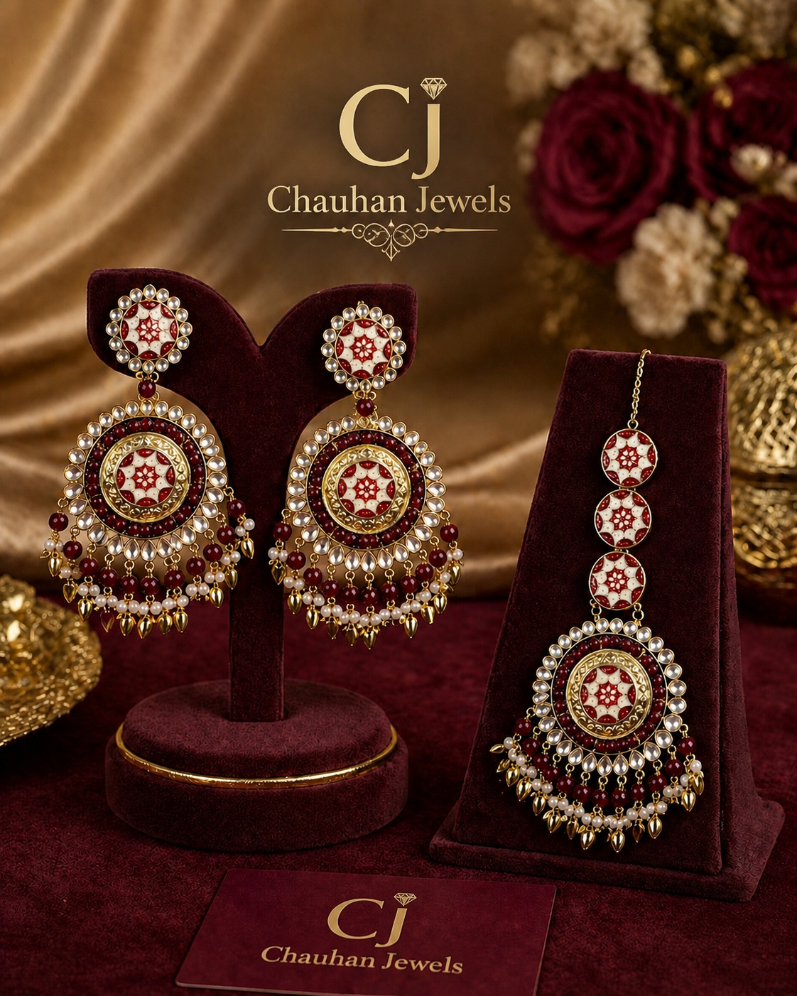 Classic Kundan Maang Tikka & Earrings Set – Gold & Maroon