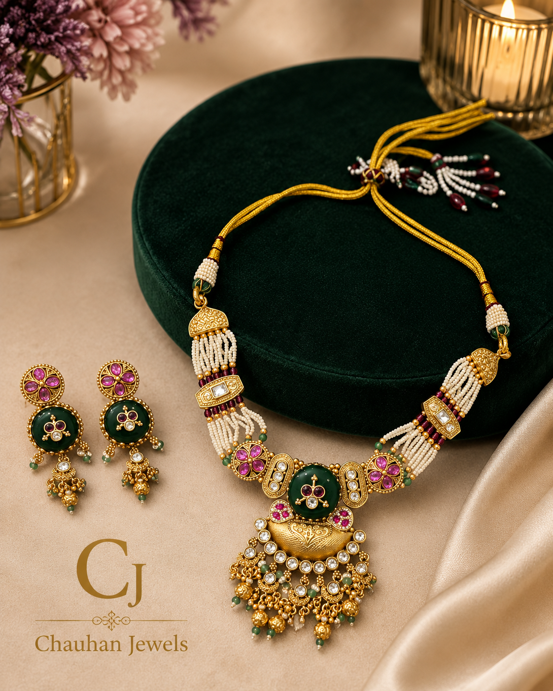 Traditional Temple Pearl Pendant Necklace Set | Kundan & Meenakari Bridal Jewelry