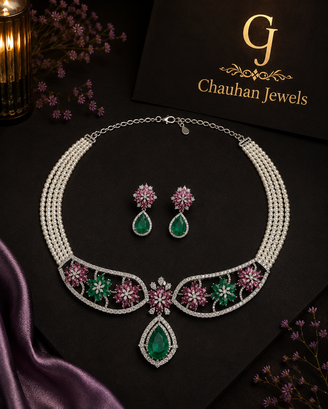 Luxury Pearl Emerald Floral Necklace Set