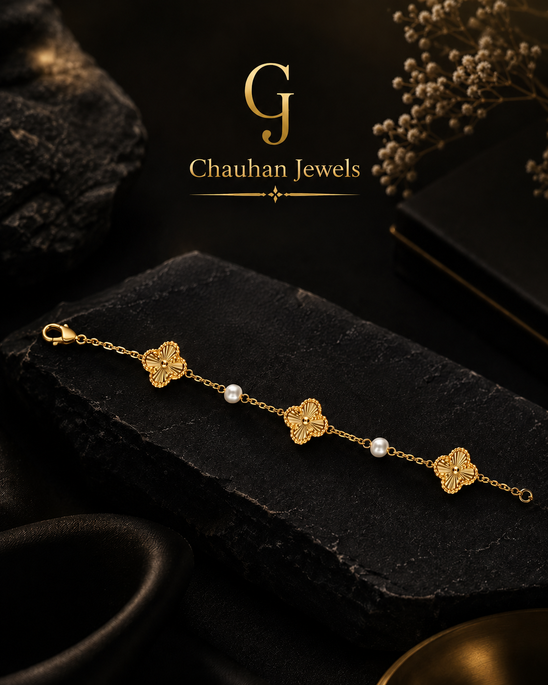 Van Cleef Inspired Pearl Clover Bracelet | Gold Plated
