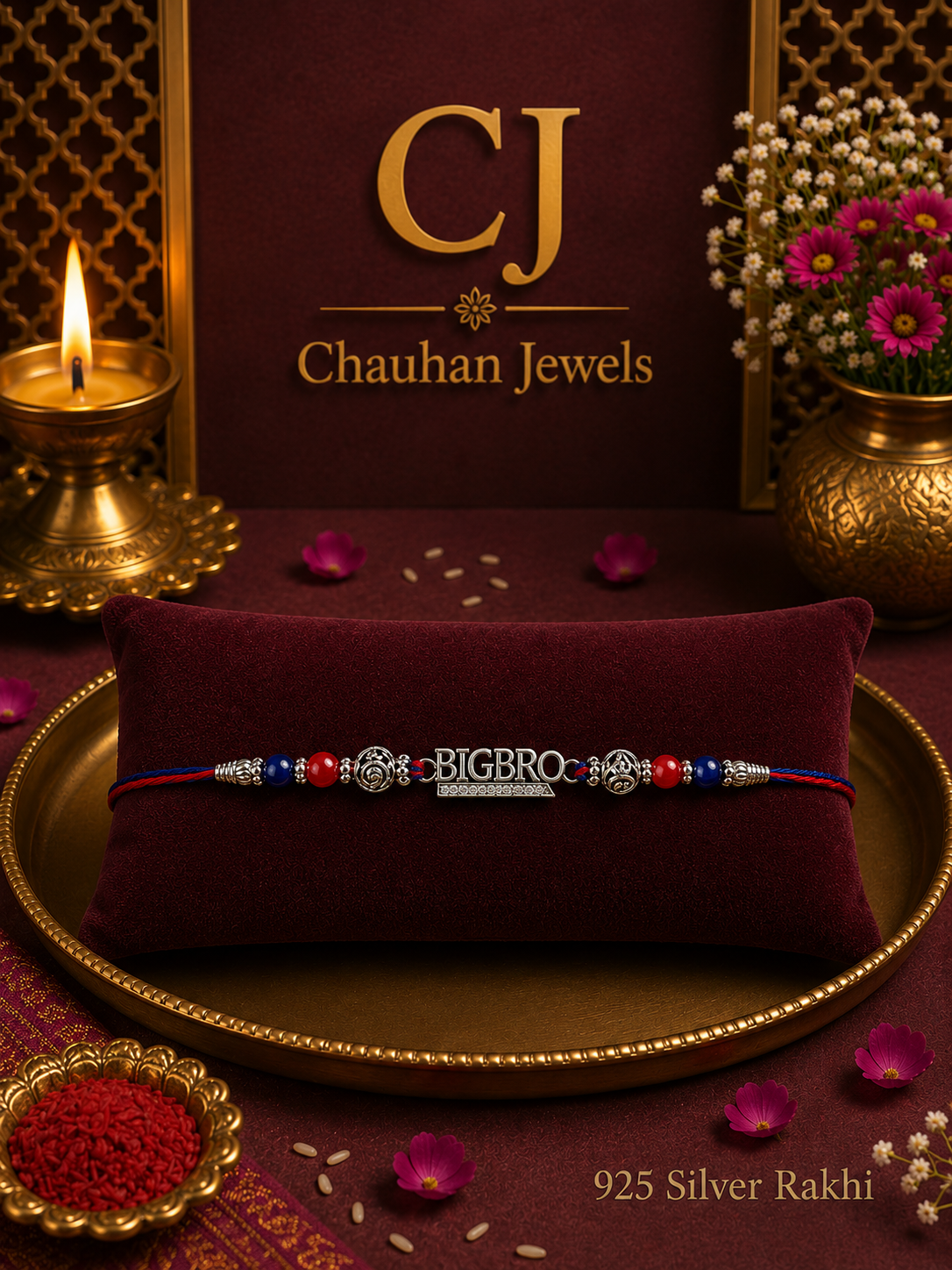 Royal 925 Silver Rakhi – Beautiful Multicolor Thread Rakhi with Premium Designer Silver Centrepiece