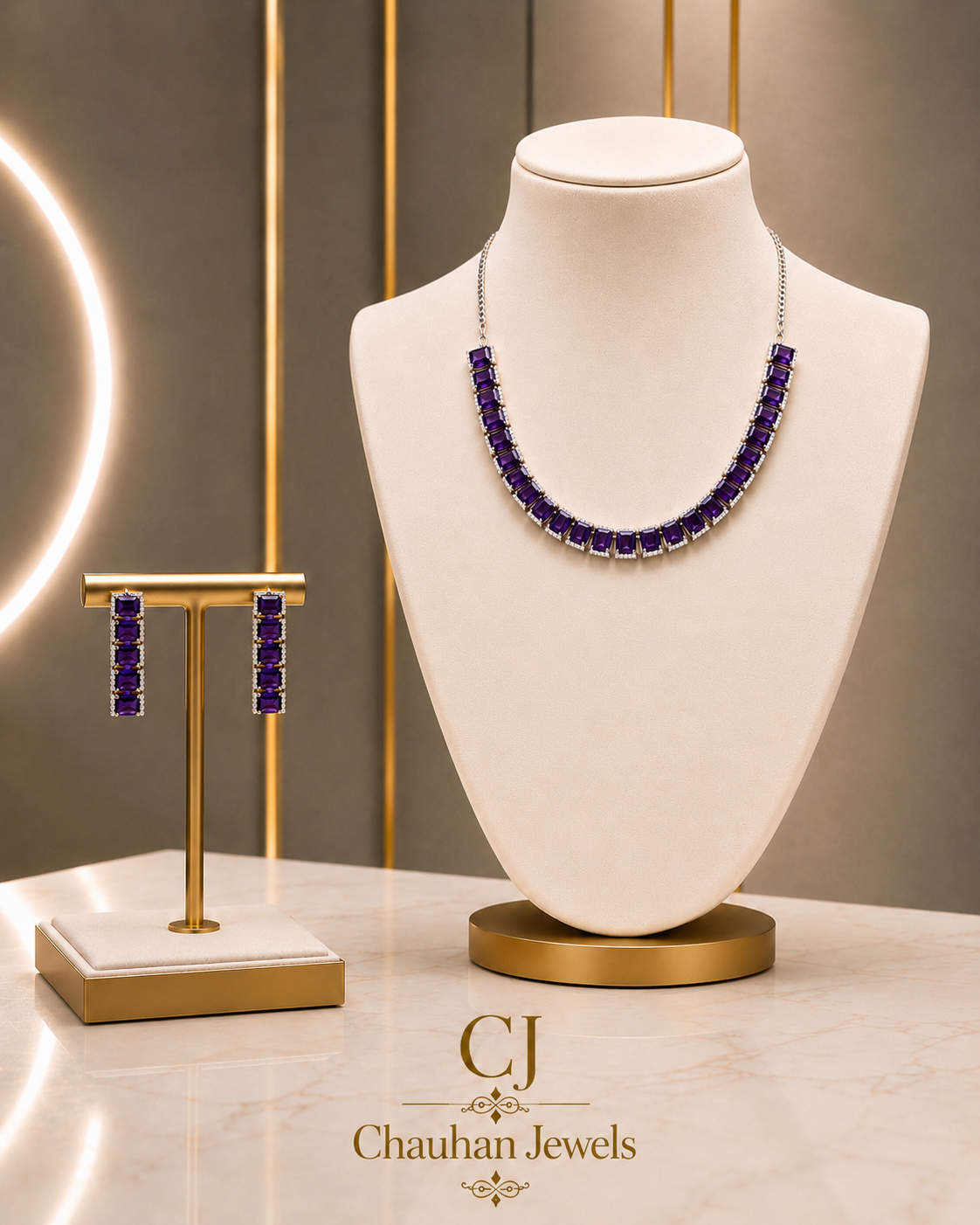 Purple Emerald Cut CZ Necklace & Earrings