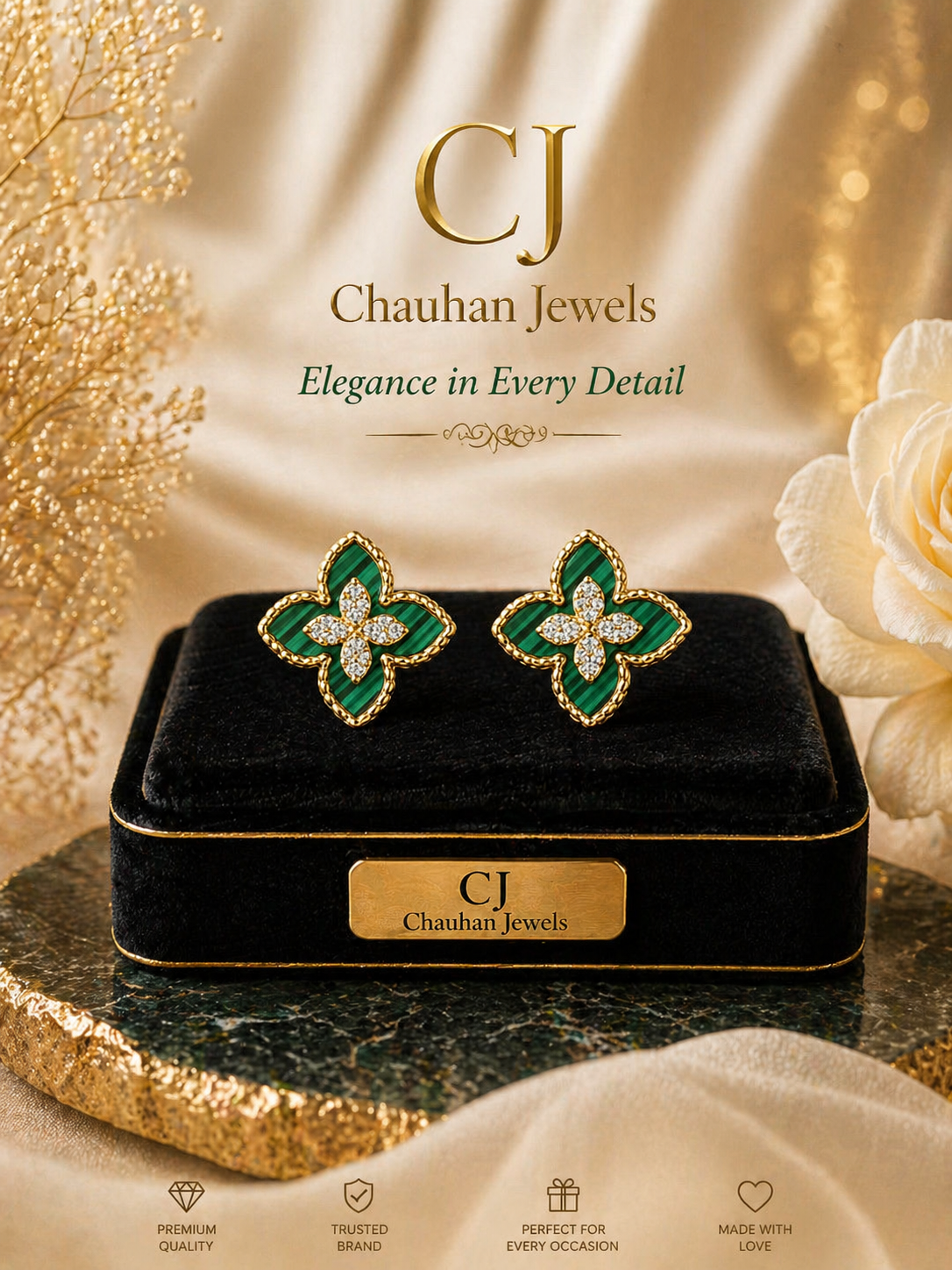 Gold-Plated Clover Stud Earrings with Cubic Zirconia