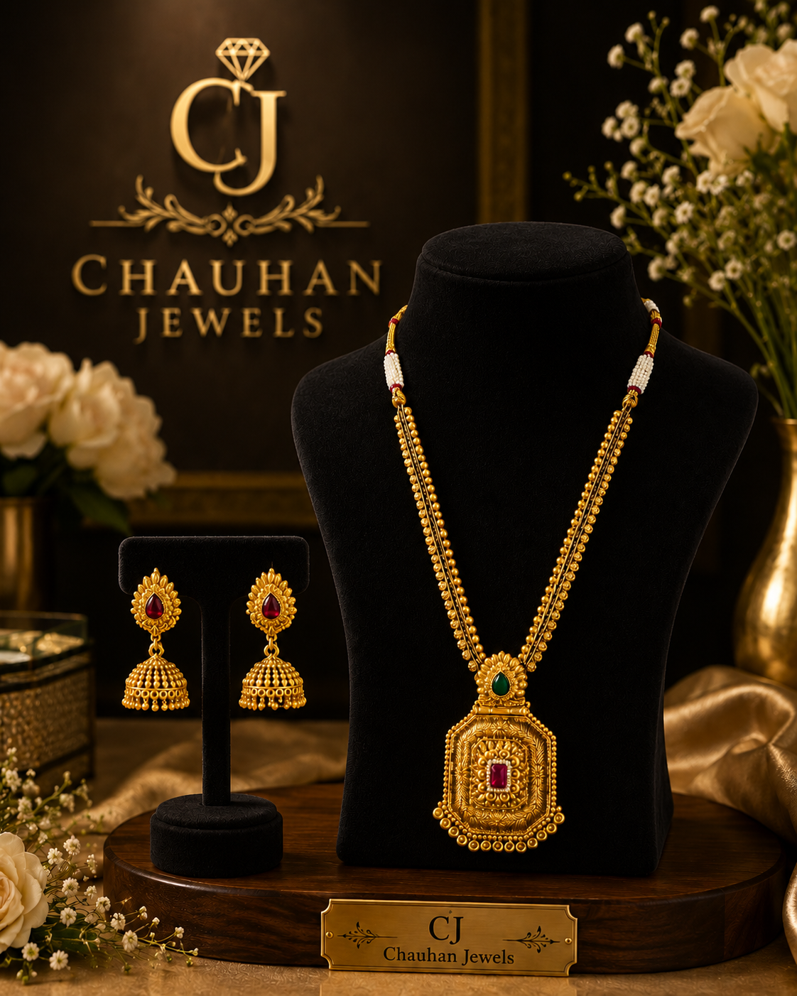 Royal Gold Necklace Set with Matching Earrings