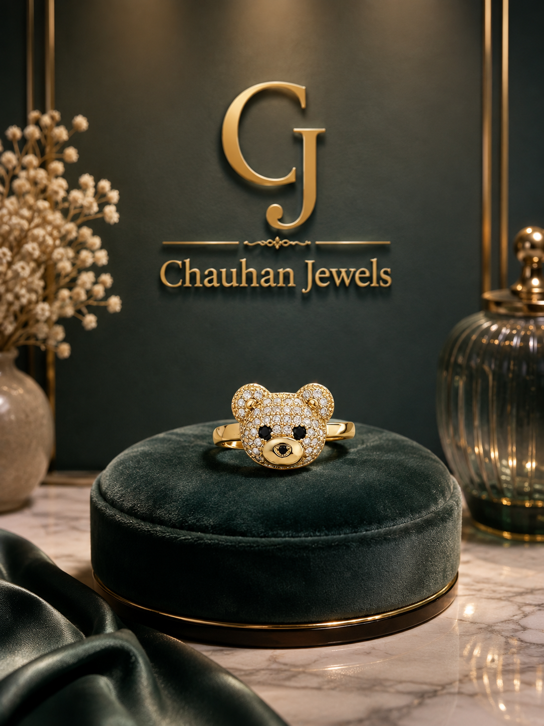 Sparkling Teddy Bear Adjustable Ring – Gold-Plated CZ Statement Ring