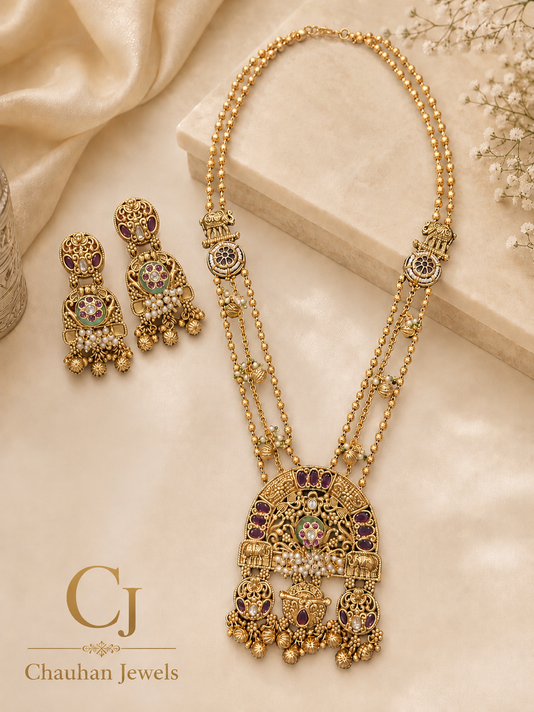 Royal Temple Long Pendant Necklace Set