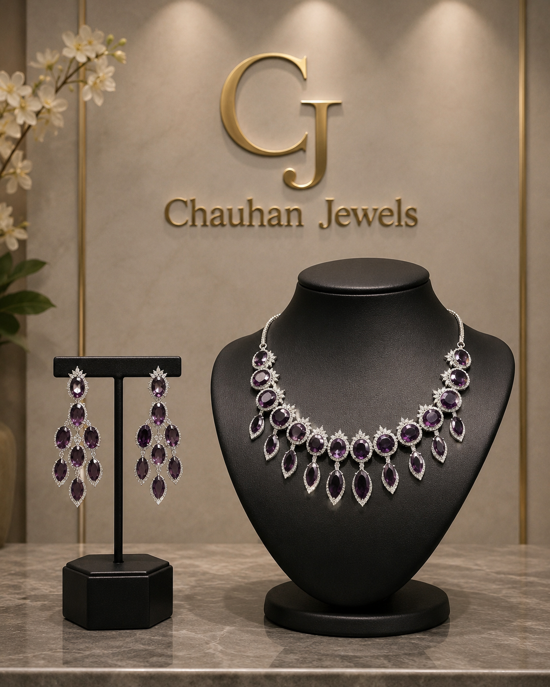 Luxury Purple Amethyst CZ Necklace Set