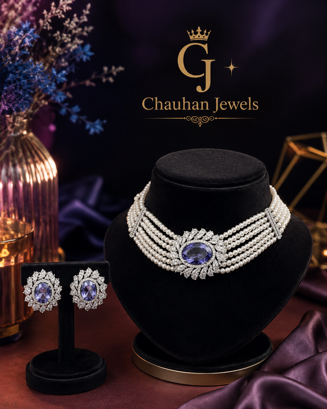 Royal Pearl Choker Set with Sapphire Crystal & Earrings