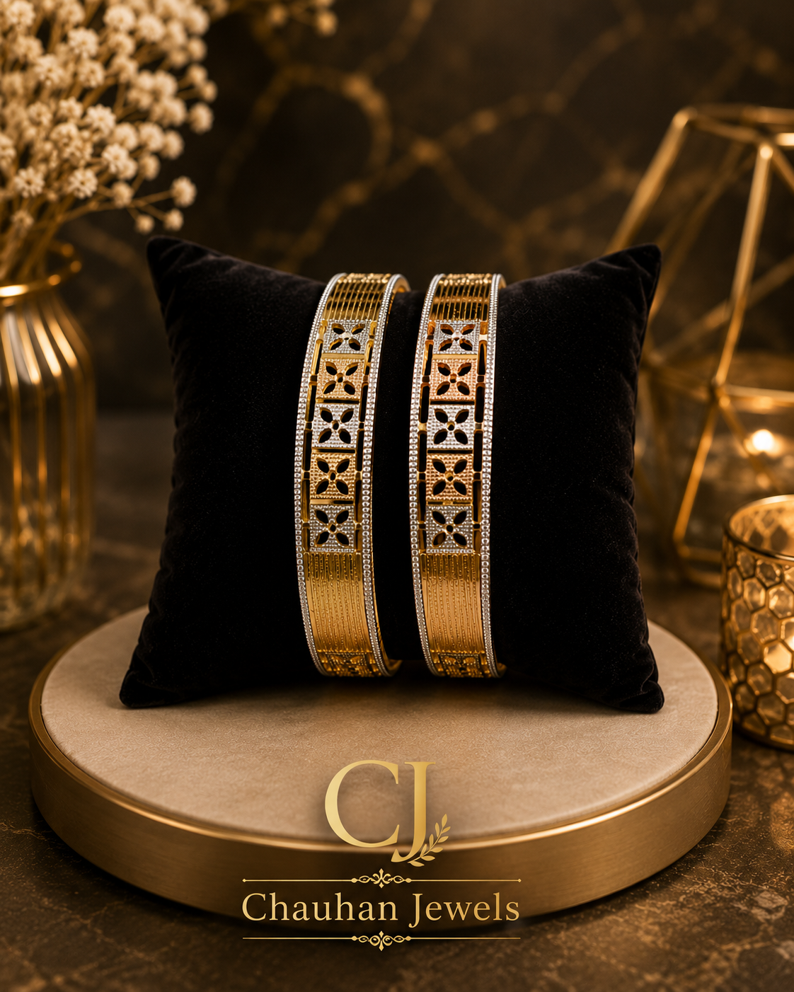 Designer Floral Gold-Plated Bangles | Premium CZ Stone Pair