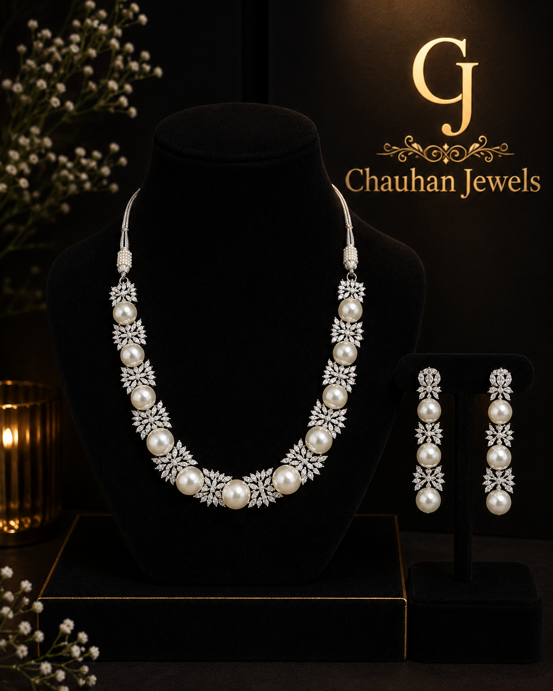 Luxury Pearl CZ Necklace Set