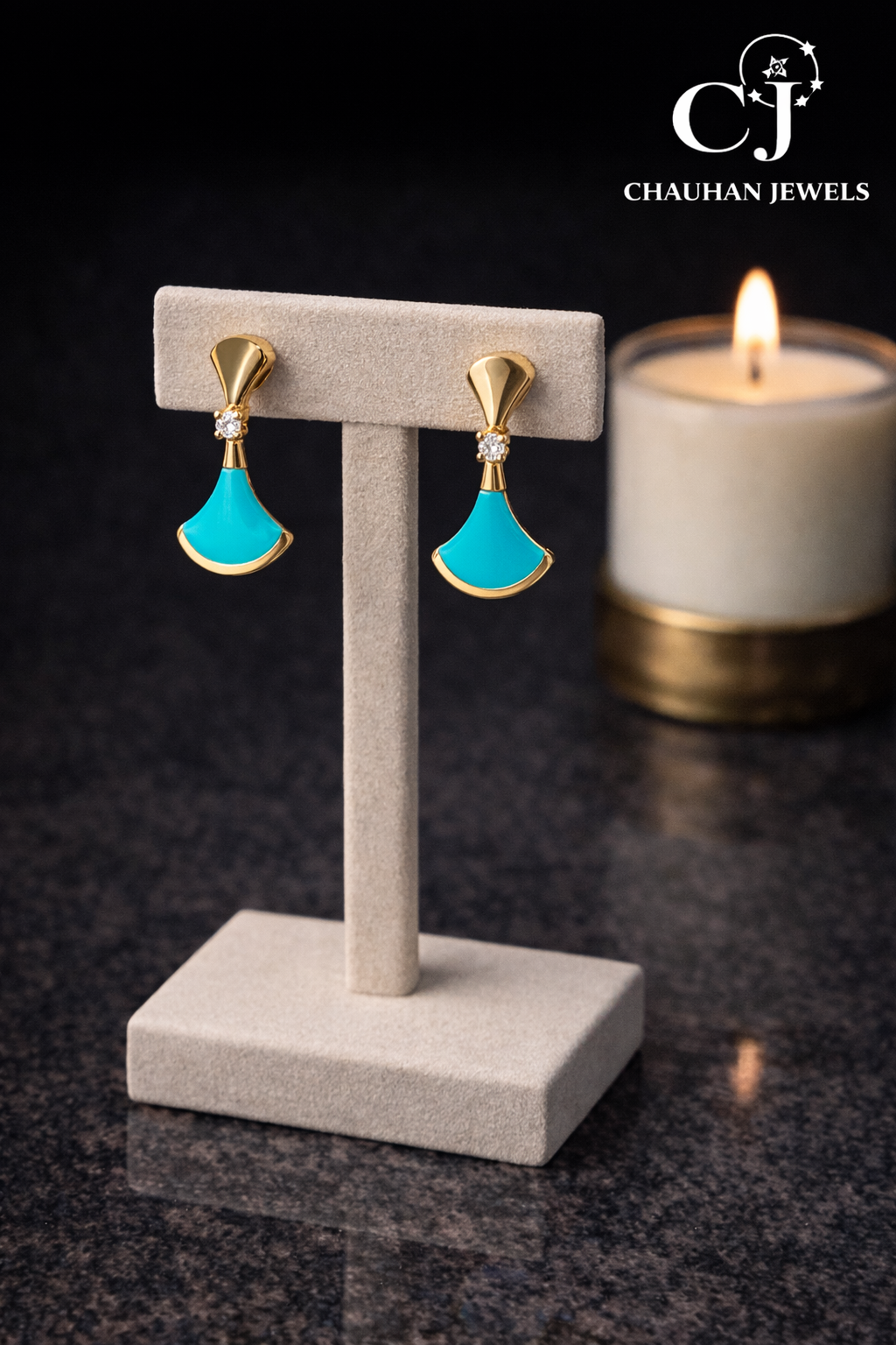 Elegant Gold Plated Fan-Shaped Drop Earrings with Vibrant Green Stone and Cubic Zirconia