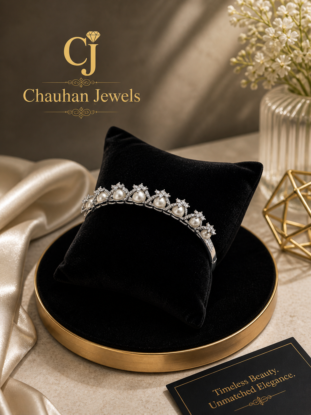 Elegant Pearl & Marquise Cubic Zirconia Gold Plated Kada Bracelet