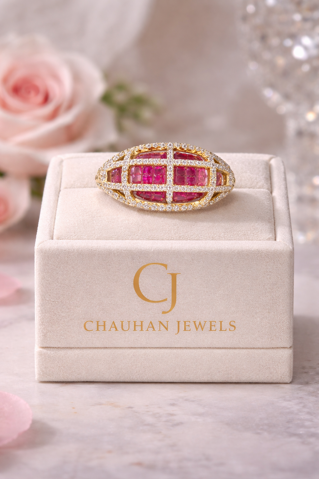 Exquisite Gold Plated Cage Design Ring with Vibrant Pink Stones and Cubic Zirconia