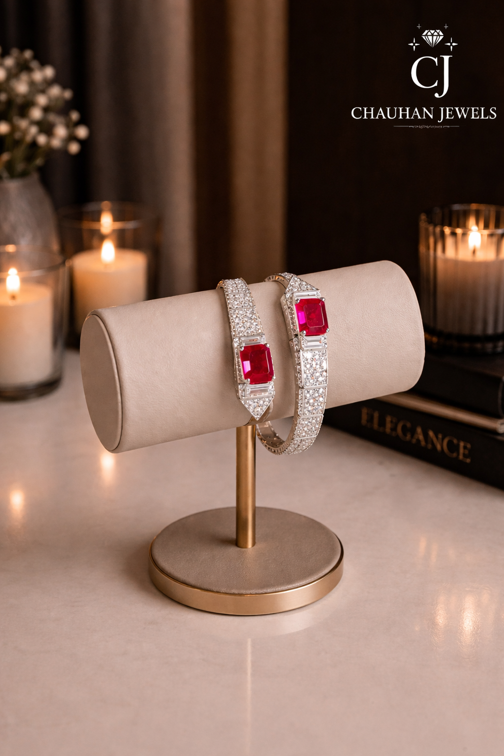 Elegant Red Ruby Cubic Zirconia Gold Plated Kada