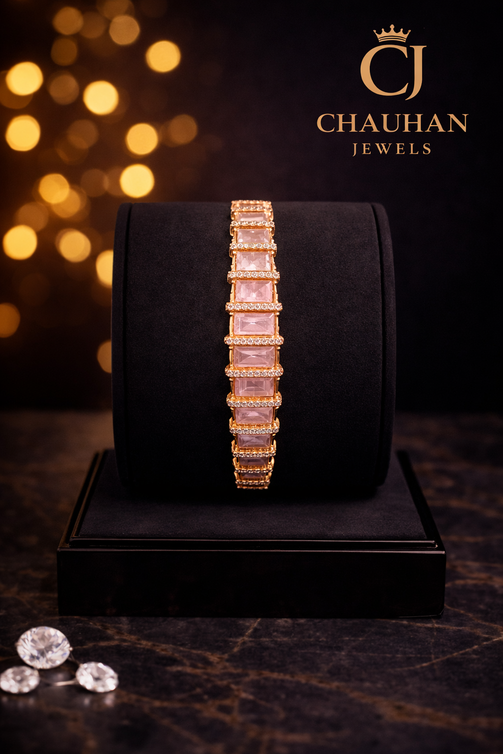 Elegant Rose Pink Cubic Zirconia Gold-Plated Kada Bracelet