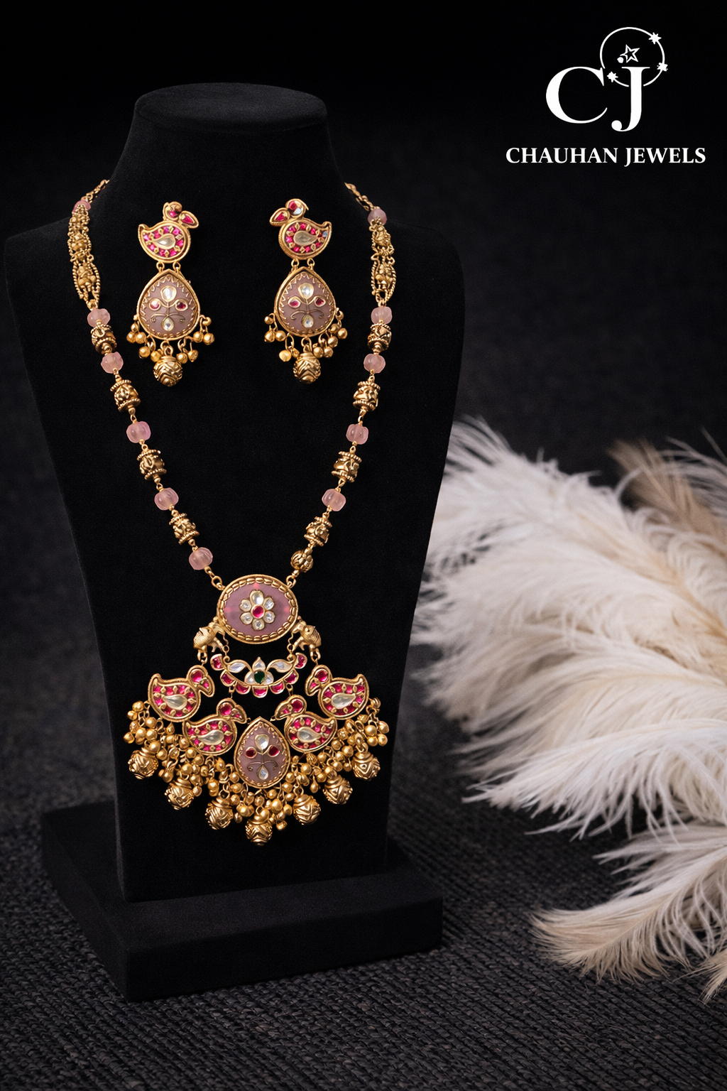 👑 Premium Kundan-Style Gold Plated Long Necklace Set with Cubic Zirconia & Ruby Pink Stones
