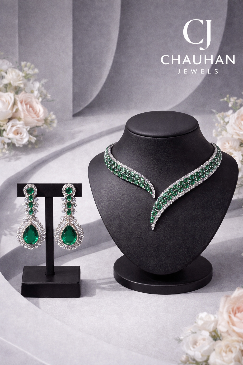Majestic Emerald & Diamond Elegance Set – Luxury Cubic Zirconia Statement Necklace & Drop Earrings