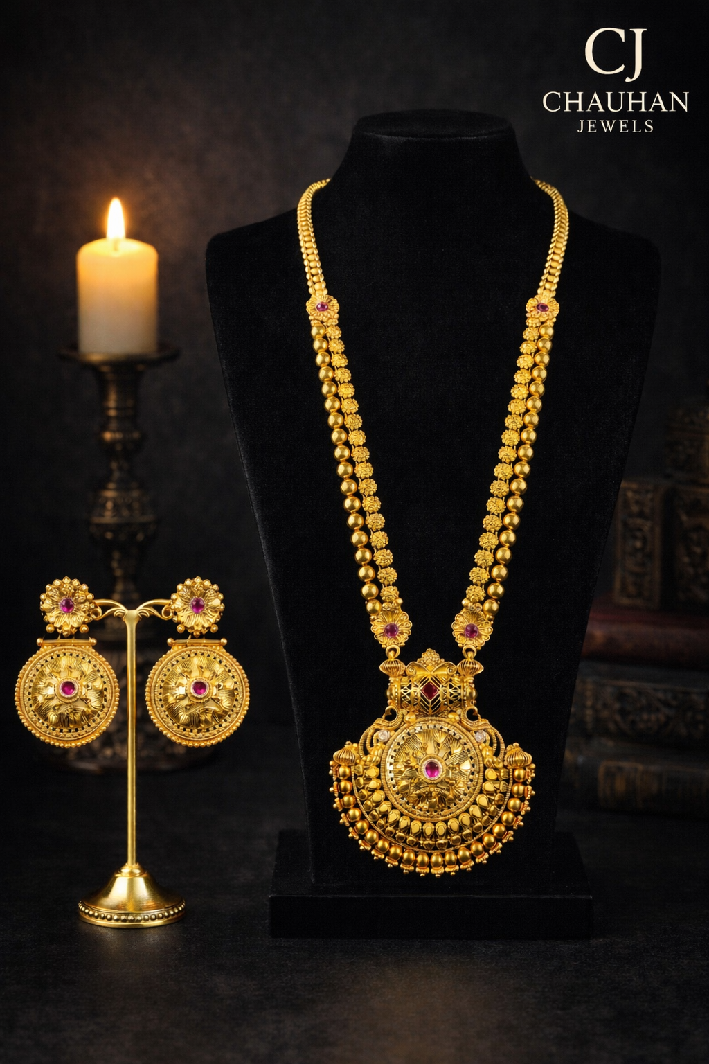 Stunning Gold Plated Long Necklace Set with Cubic Zirconia & Ruby Red Stones