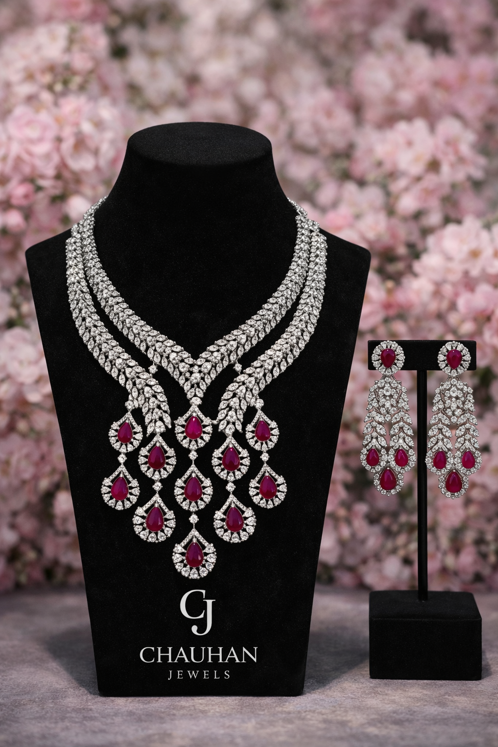 Majestic Crimson Bloom: Premium Cubic Zirconia & Ruby Red Statement Necklace & Earring Set
