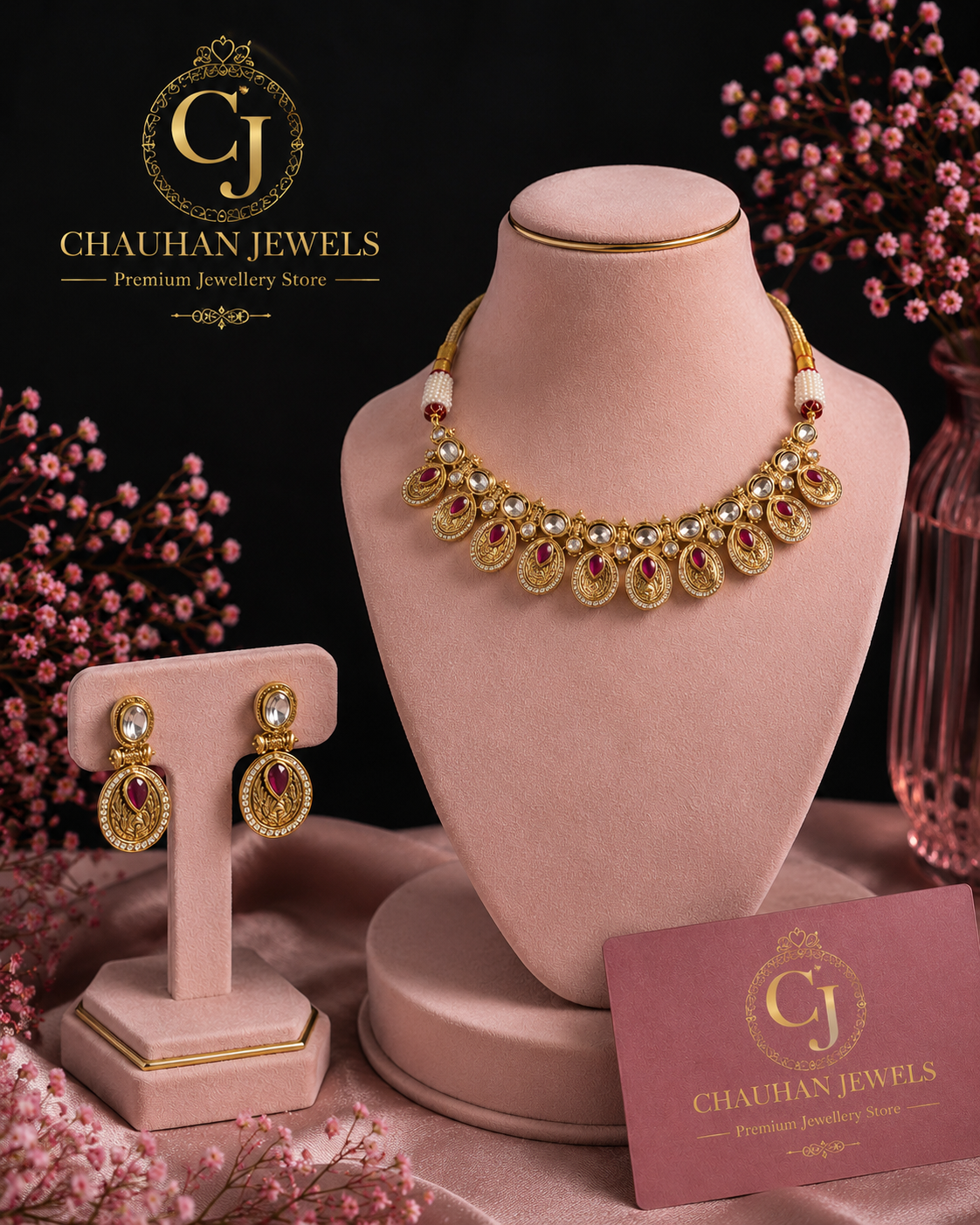 Traditional Elegance: Gold Plated Cubic Zirconia & Ruby Red Festive Choker Set