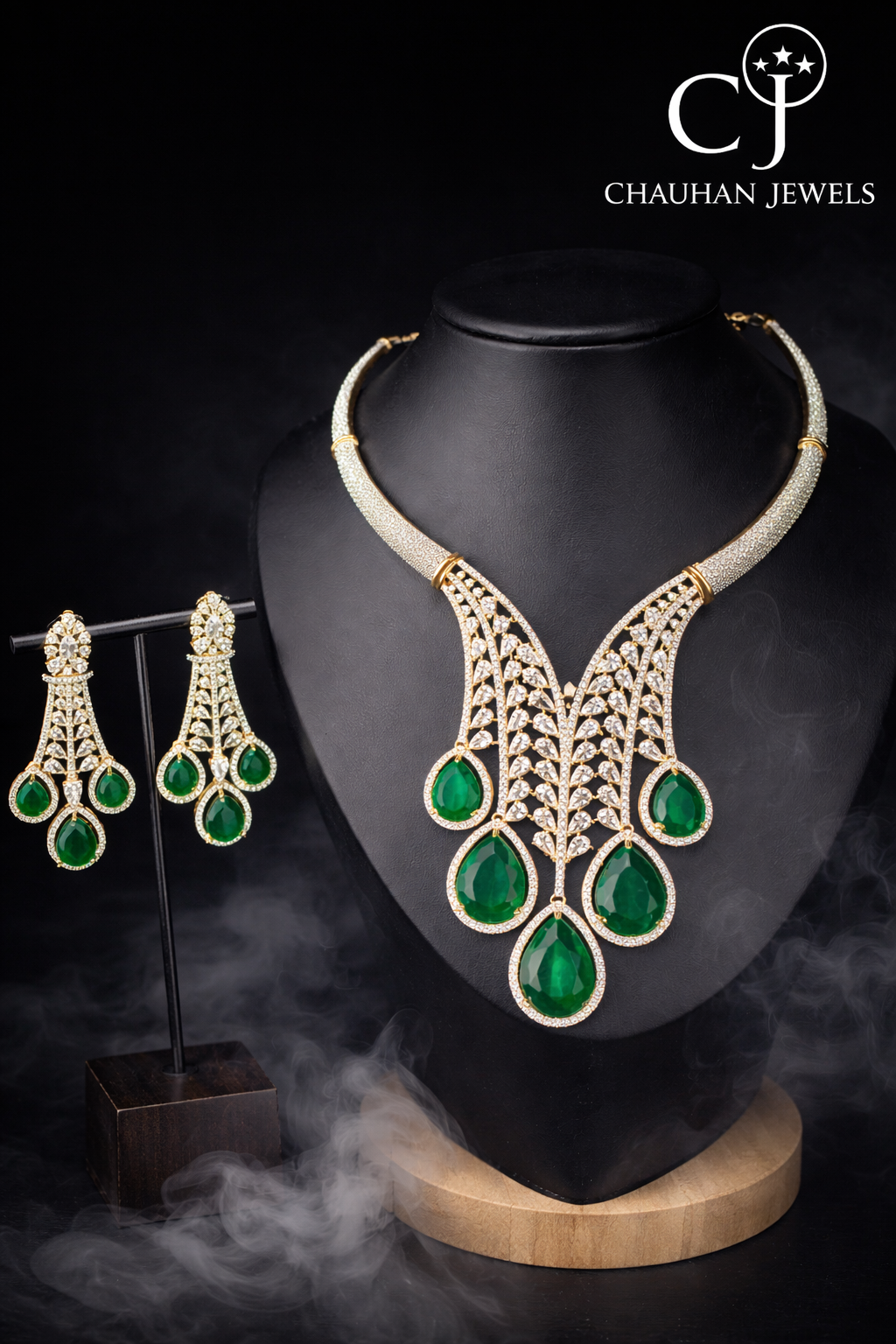 Majestic Emerald-Green & Cubic Zirconia Statement Necklace Set