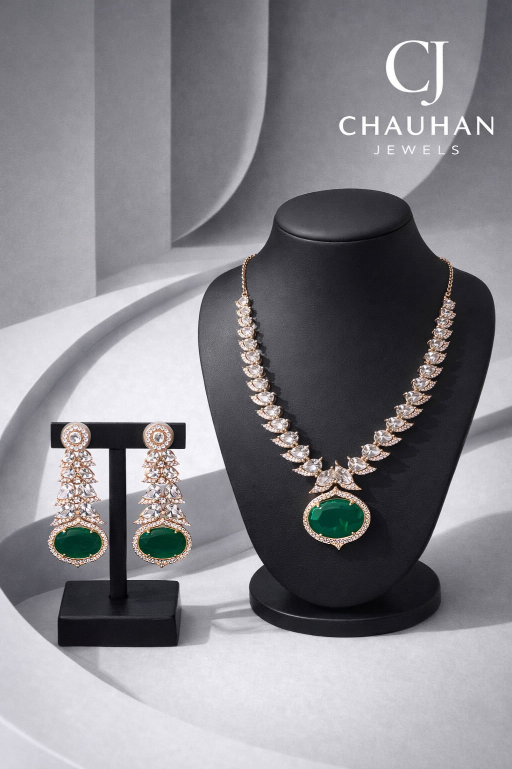 Regal Emerald-Green Cubic Zirconia Gold-Plated Necklace & Earring Set