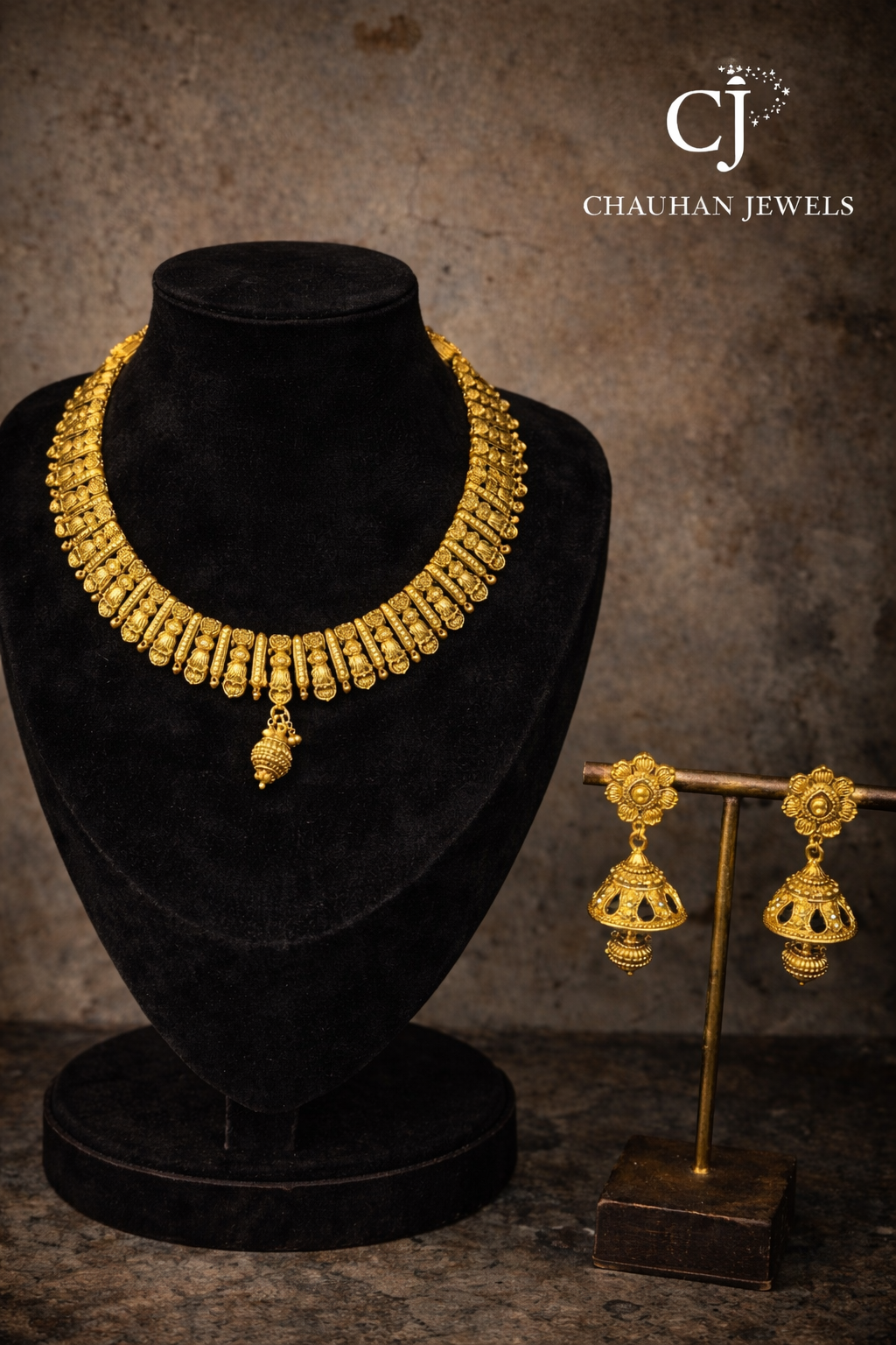 24K Gold Plated Antique Temple Jewelry Set – Handcrafted Cubic Zirconia & Colored Stone Choker Necklace with Matching Jhumkas