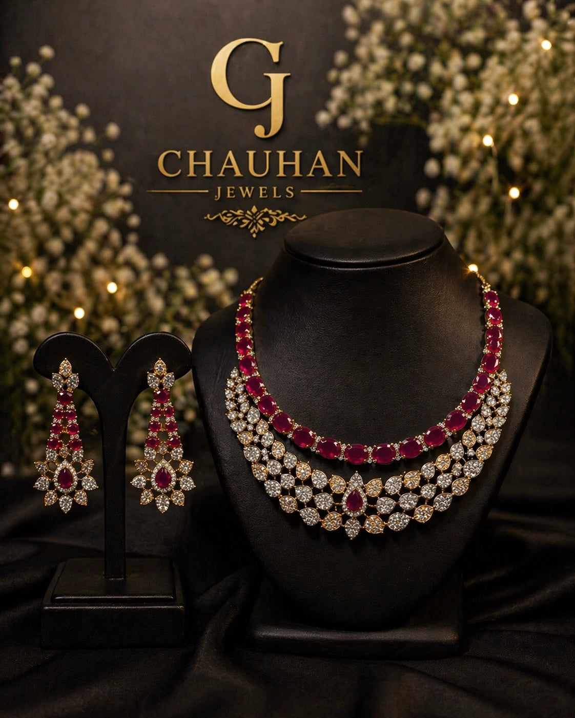 ✨ Royal Crimson Elegance: Cubic Zirconia & Ruby-Red Dual-Layer Necklace Set ✨